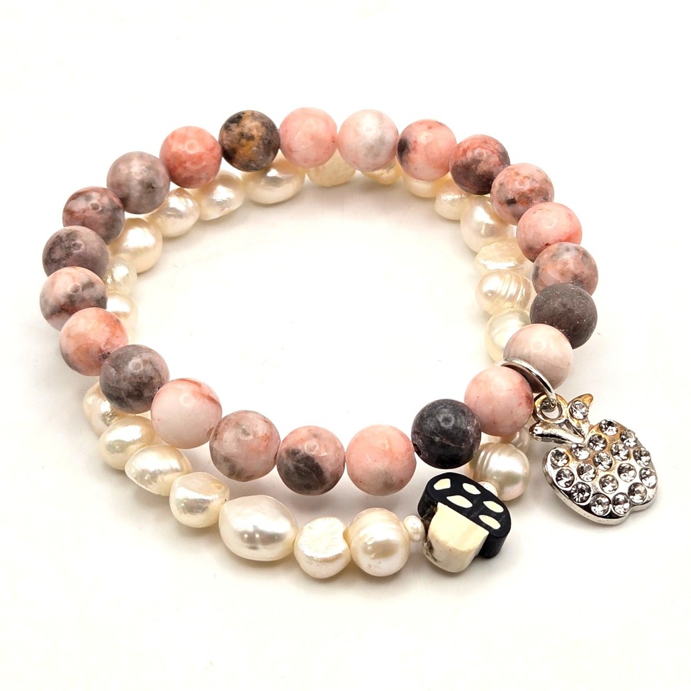 Pink Stone Freshwater Pearl Stretch Bracelet Set Mushroom Apple Charm Handmade
